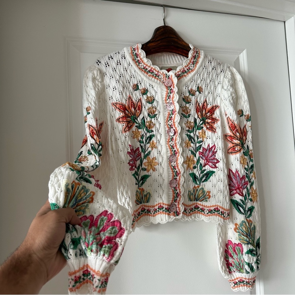 FARM Rio White Cropped Eyelet Cardigan with Multicolor Floral Embroidery - Picture 2 of 7